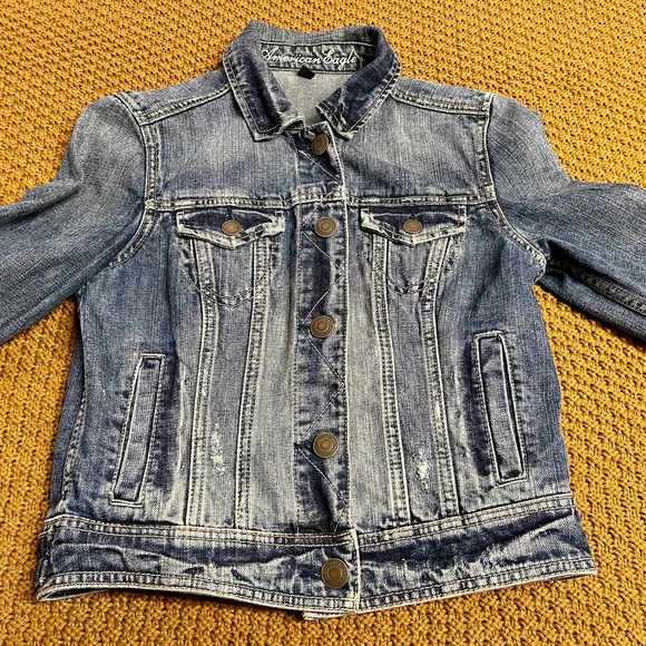 American Eagle Womens Small Blue Cropped Jean Jacket Button Front S993-938 - Picture 2 of 7